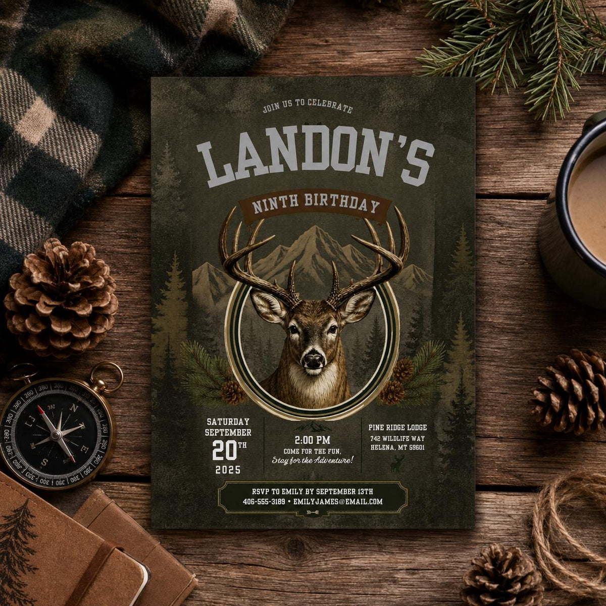 Editable Deer Hunting Birthday Invitation Canva Template, Modern Boys Deer Cute Fun DIY Sweet Chic Party Invite, Printable Digital Download.