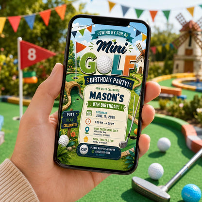 Editable Golf Birthday Invitation Canva Template, Neon Sports Sport Cute Modern Fun DIY Sweet Chic Party Invite, Printable Digital Download.