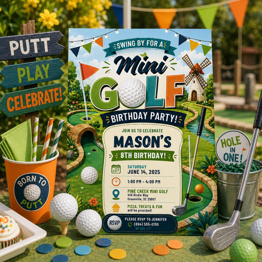 Editable Golf Birthday Invitation Canva Template, Neon Sports Sport Cute Modern Fun DIY Sweet Chic Party Invite, Printable Digital Download.