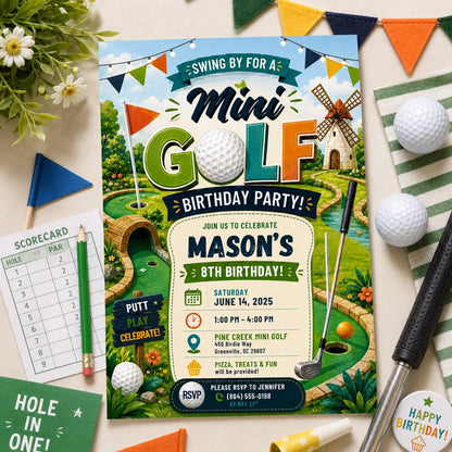 Editable Golf Birthday Invitation Canva Template, Neon Sports Sport Cute Modern Fun DIY Sweet Chic Party Invite, Printable Digital Download.