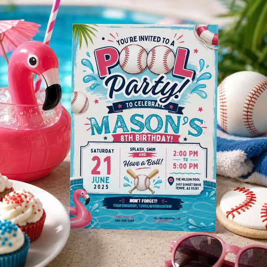 Editable Baseball Pool Birthday Invitation Canva Template, Cream Teens Pool Cute Fun DIY Chic Kids Party Invite, Printable Digital Download.