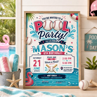 Editable Baseball Pool Birthday Invitation Canva Template, Cream Teens Pool Cute Fun DIY Chic Kids Party Invite, Printable Digital Download.