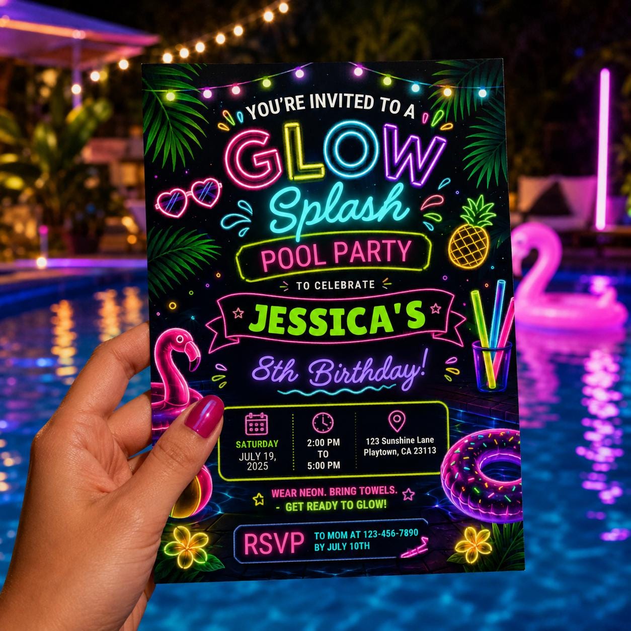Editable Pool Birthday Invitation Canva Template, Neon Girls Pool Cute Modern Fun Themed DIY Sweet Party Invite, Printable Digital Download.