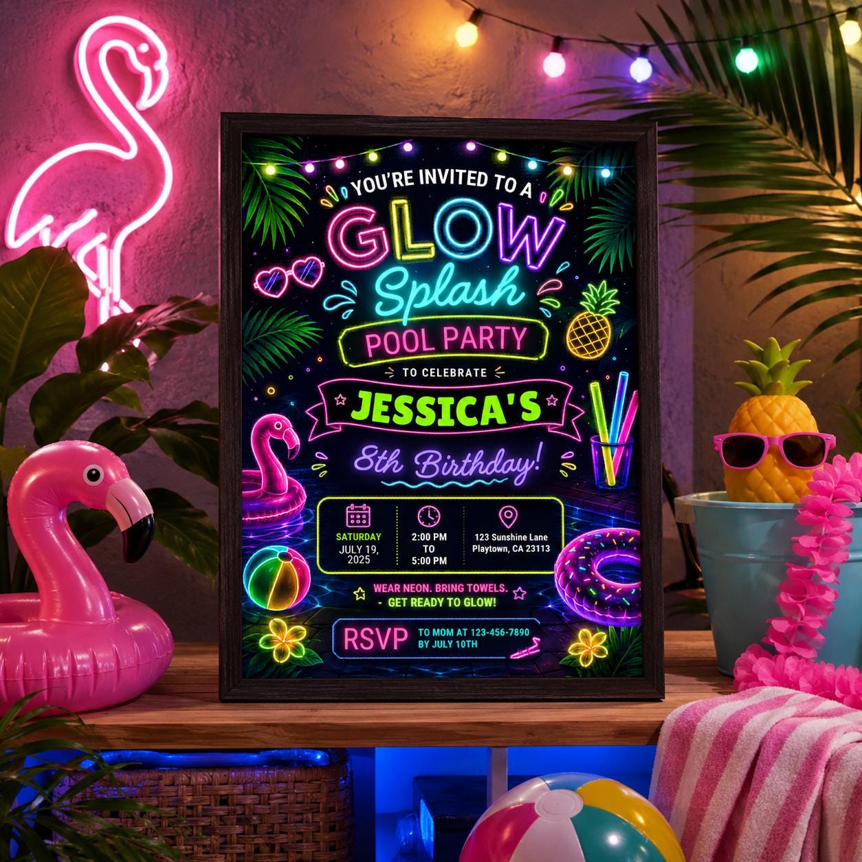 Editable Pool Birthday Invitation Canva Template, Neon Girls Pool Cute Modern Fun Themed DIY Sweet Party Invite, Printable Digital Download.