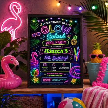 Editable Pool Birthday Invitation Canva Template, Neon Girls Pool Cute Modern Fun Themed DIY Sweet Party Invite, Printable Digital Download.