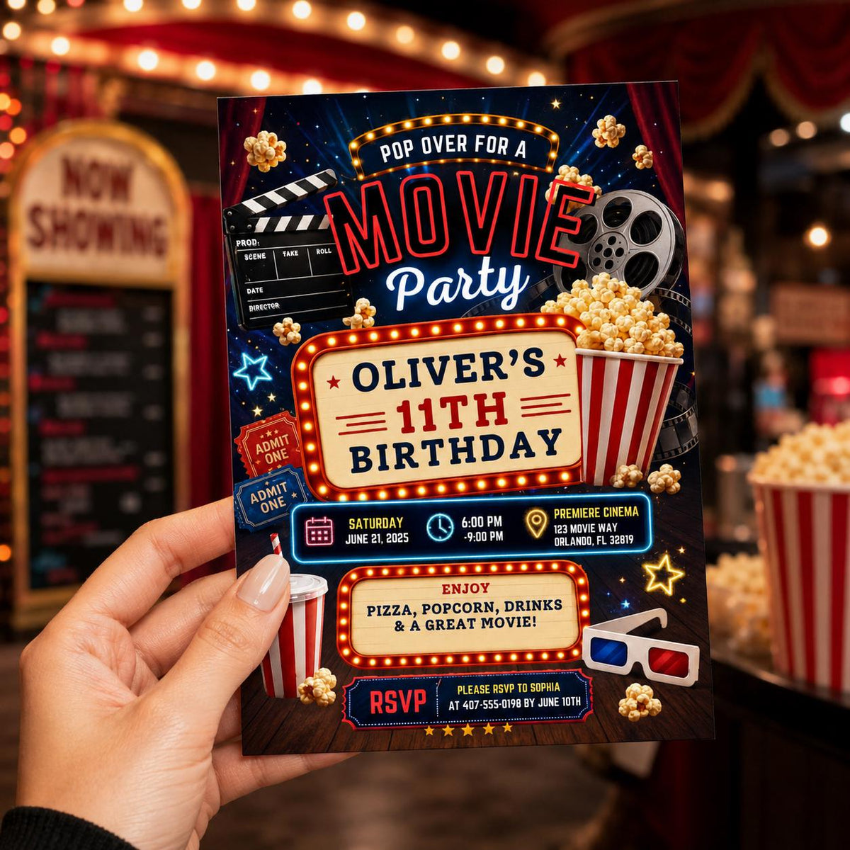 Editable Movie Birthday Invitation Canva Template, Kids Cute Modern Fun Themed DIY Sweet Chic Teen Party Invite, Printable Digital Download.