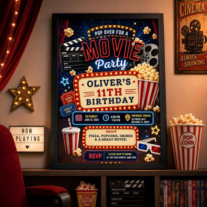 Editable Movie Birthday Invitation Canva Template, Kids Cute Modern Fun Themed DIY Sweet Chic Teen Party Invite, Printable Digital Download.
