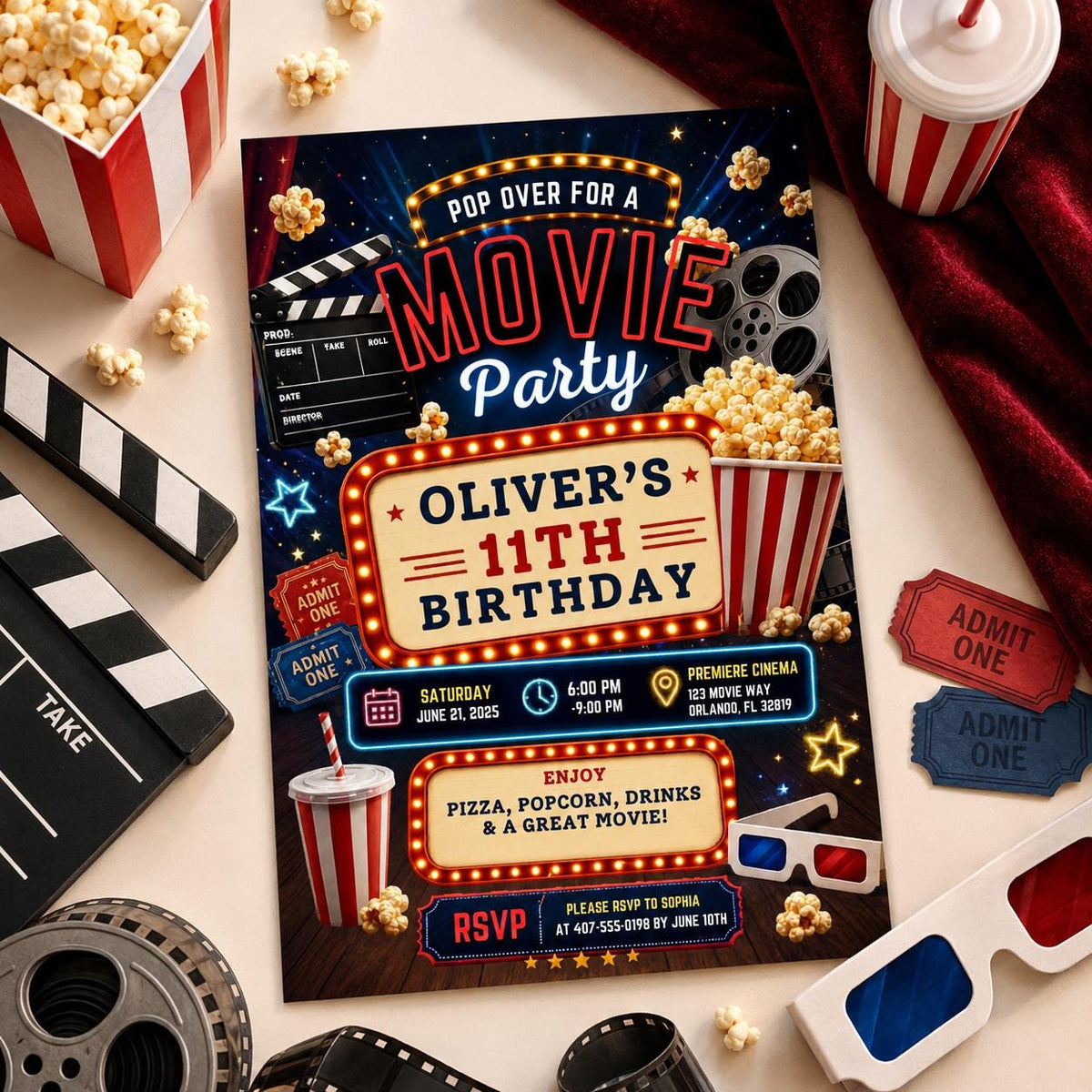 Editable Movie Birthday Invitation Canva Template, Kids Cute Modern Fun Themed DIY Sweet Chic Teen Party Invite, Printable Digital Download.