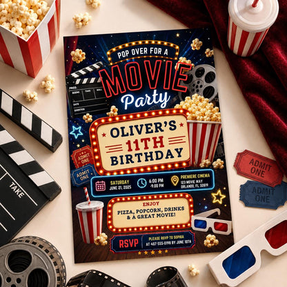 Editable Movie Birthday Invitation Canva Template, Kids Cute Modern Fun Themed DIY Sweet Chic Teen Party Invite, Printable Digital Download.