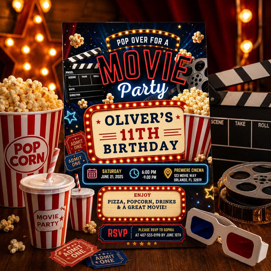 Editable Movie Birthday Invitation Canva Template, Kids Cute Modern Fun Themed DIY Sweet Chic Teen Party Invite, Printable Digital Download.