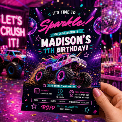 Editable Monster Birthday Invitation Canva Template, Pink Purple Girls Kids Cute Fun DIY Chic Teen Party Invite, Printable Digital Download.