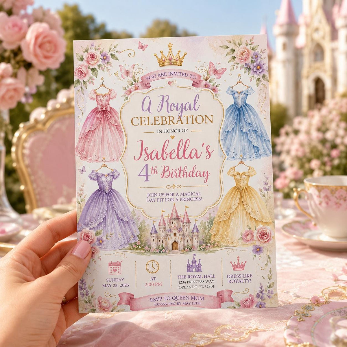 Editable Princess Birthday Invitation Canva Template, Luxury Girls Cute Modern Fun Themed DIY Chic Party Invite, Printable Digital Download.