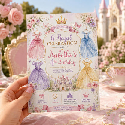 Editable Princess Birthday Invitation Canva Template, Luxury Girls Cute Modern Fun Themed DIY Chic Party Invite, Printable Digital Download.
