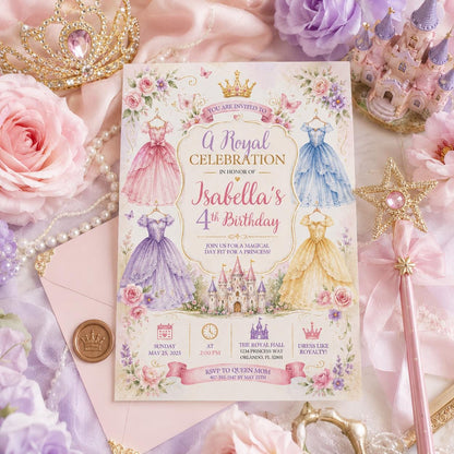 Editable Princess Birthday Invitation Canva Template, Luxury Girls Cute Modern Fun Themed DIY Chic Party Invite, Printable Digital Download.