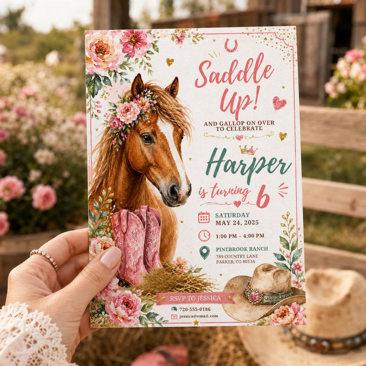 Editable Western Cowgirl Birthday Invitation Canva Template, Pink Pastel Floral Girls Kids Fun DIY Party Invite, Printable Digital Download.