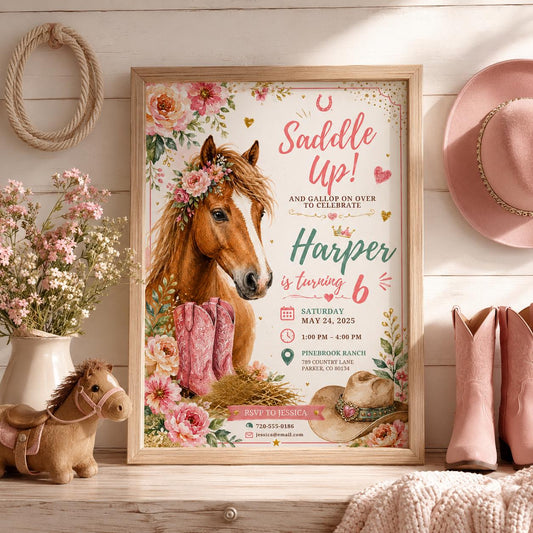 Editable Western Cowgirl Birthday Invitation Canva Template, Pink Pastel Floral Girls Kids Fun DIY Party Invite, Printable Digital Download.