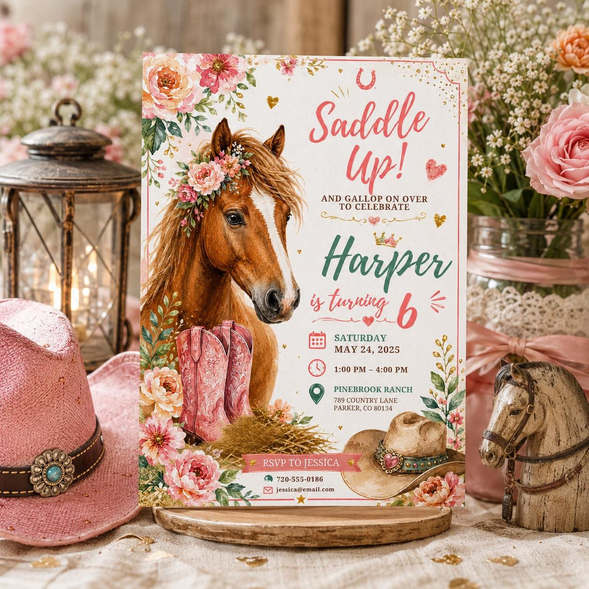 Editable Western Cowgirl Birthday Invitation Canva Template, Pink Pastel Floral Girls Kids Fun DIY Party Invite, Printable Digital Download.