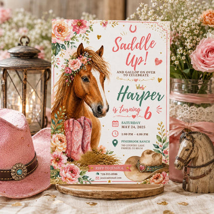 Editable Western Cowgirl Birthday Invitation Canva Template, Pink Pastel Floral Girls Kids Fun DIY Party Invite, Printable Digital Download.