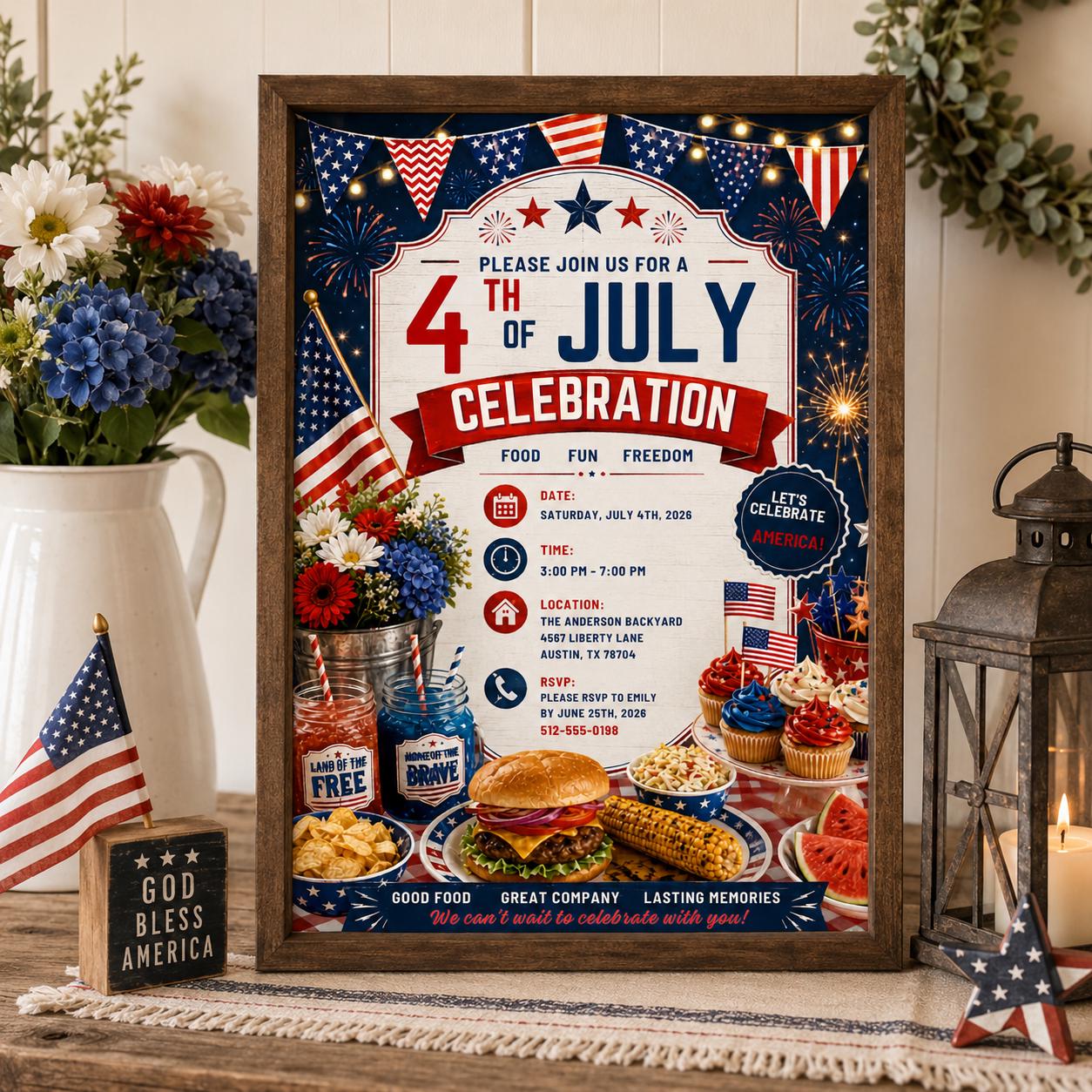 Editable 4th of July Celebration Birthday Invitation Canva Template, Kids Cute Modern Fun DIY Chic Party Invite, Printable Digital Download.