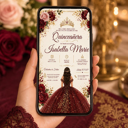Editable Mis Red Quinceanera Invitation Canva Template, Pink Gold Black Blush Elegant Cute Fun DIY Party Invite, Printable Digital Download.