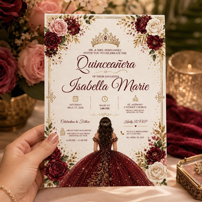 Editable Mis Red Quinceanera Invitation Canva Template, Pink Gold Black Blush Elegant Cute Fun DIY Party Invite, Printable Digital Download.