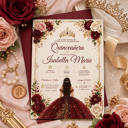 Editable Mis Red Quinceanera Invitation Canva Template, Pink Gold Black Blush Elegant Cute Fun DIY Party Invite, Printable Digital Download.