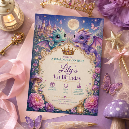 Editable Dragon Birthday Invitation Canva Template, Kids Cute Modern Fun DIY Sweet Chic Teen Tween Party Invite, Printable Digital Download.