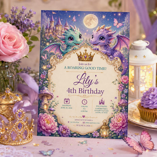 Editable Dragon Birthday Invitation Canva Template, Kids Cute Modern Fun DIY Sweet Chic Teen Tween Party Invite, Printable Digital Download.