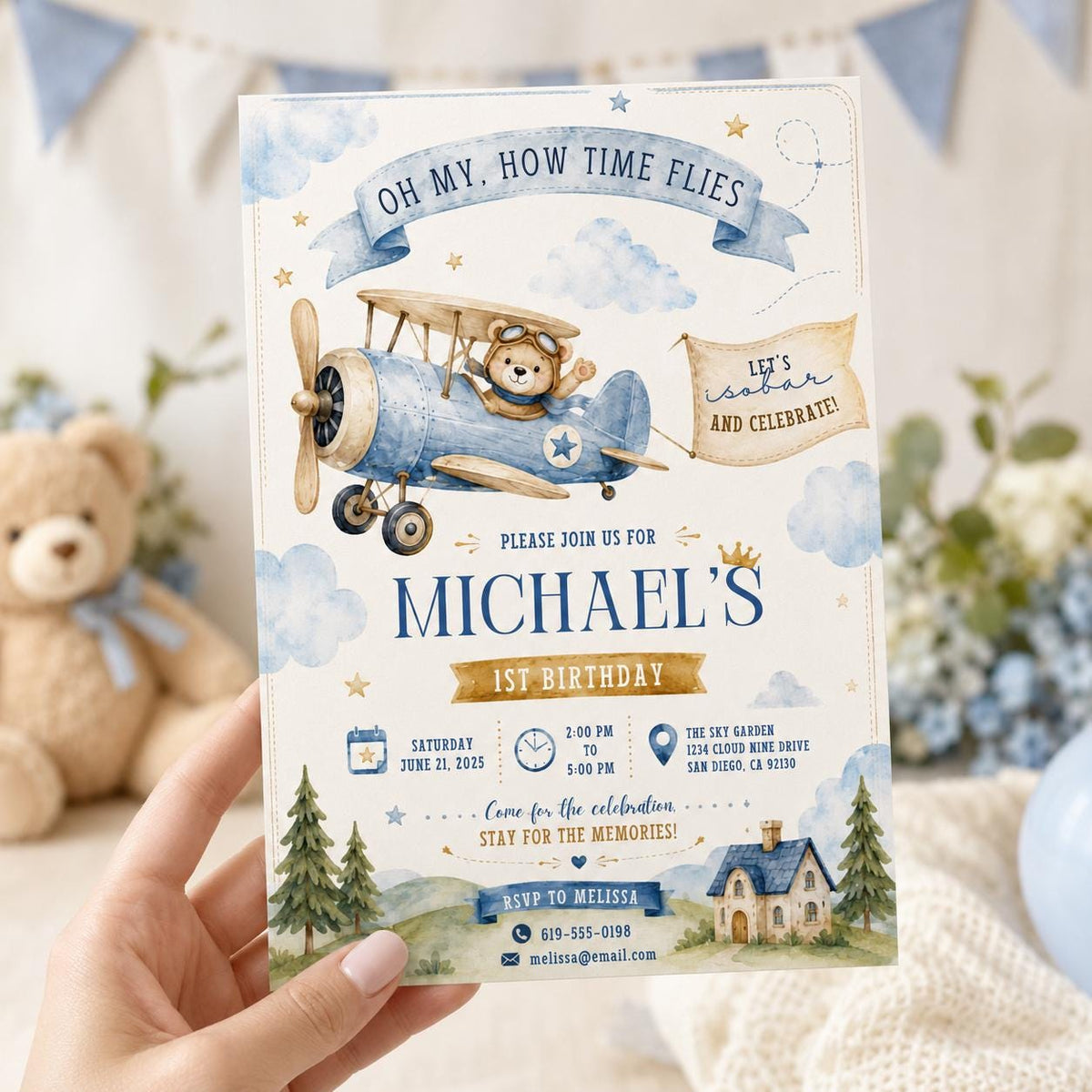 Editable Airplane 1st Birthday Invitation Canva Template, Red Boys Kids Cute Modern Fun Themed DIY Party Invite, Printable Digital Download.