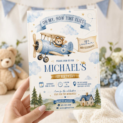 Editable Airplane 1st Birthday Invitation Canva Template, Red Boys Kids Cute Modern Fun Themed DIY Party Invite, Printable Digital Download.