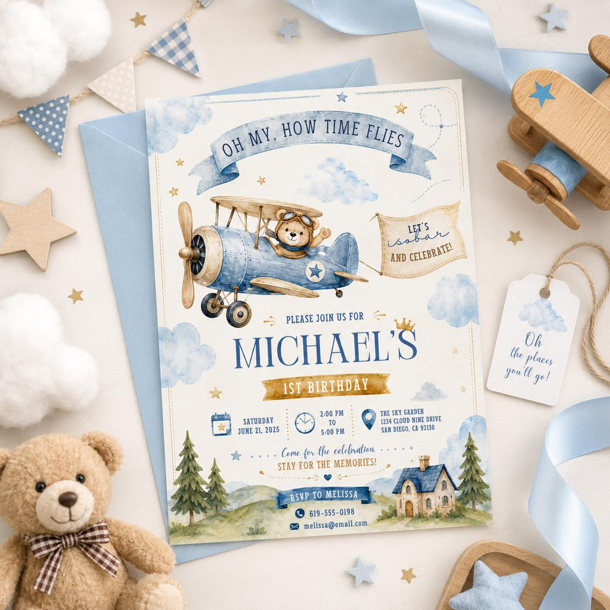 Editable Airplane 1st Birthday Invitation Canva Template, Red Boys Kids Cute Modern Fun Themed DIY Party Invite, Printable Digital Download.
