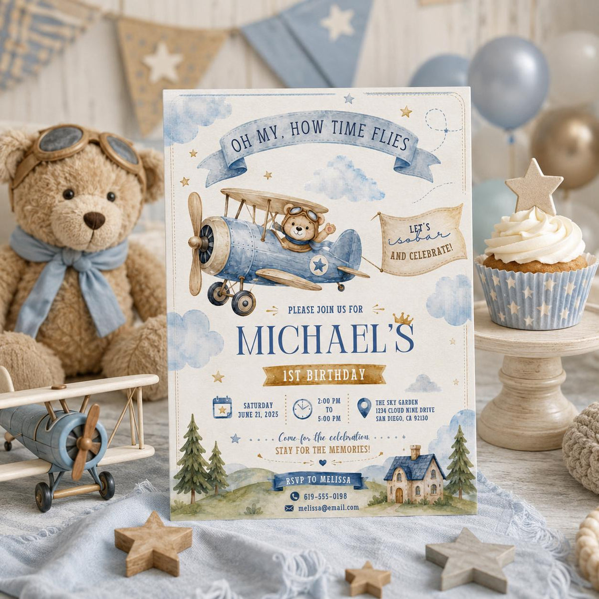 Editable Airplane 1st Birthday Invitation Canva Template, Red Boys Kids Cute Modern Fun Themed DIY Party Invite, Printable Digital Download.
