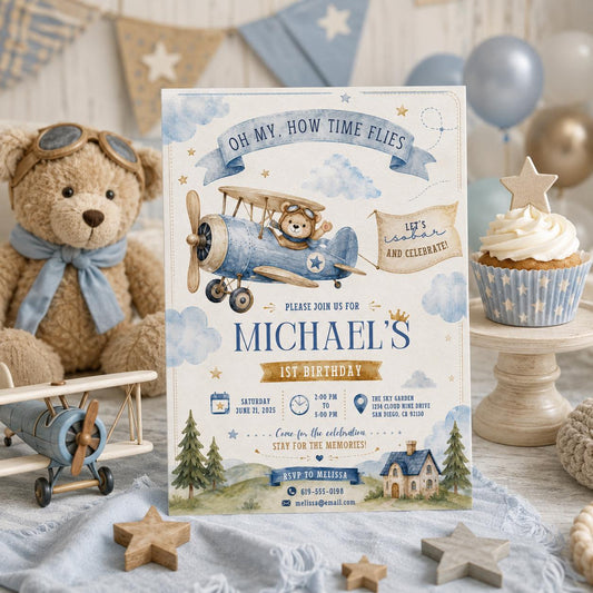 Editable Airplane 1st Birthday Invitation Canva Template, Red Boys Kids Cute Modern Fun Themed DIY Party Invite, Printable Digital Download.