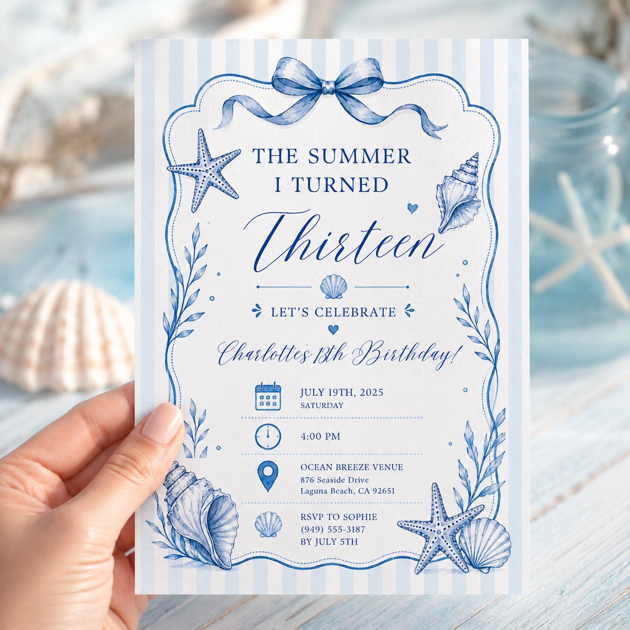 Editable Coastal Birthday Invitation Canva Template, Blue Girls Teens Beach Cute Fun DIY Chic Kids Party Invite, Printable Digital Download.