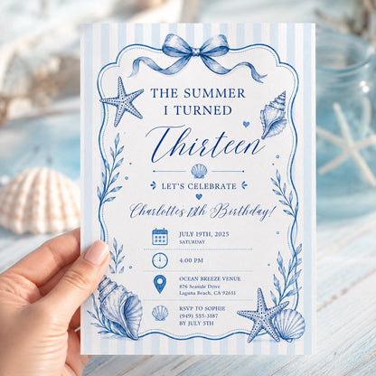 Editable Coastal Birthday Invitation Canva Template, Blue Girls Teens Beach Cute Fun DIY Chic Kids Party Invite, Printable Digital Download.