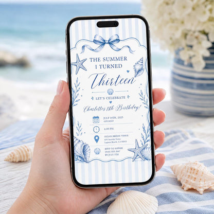 Editable Coastal Birthday Invitation Canva Template, Blue Girls Teens Beach Cute Fun DIY Chic Kids Party Invite, Printable Digital Download.