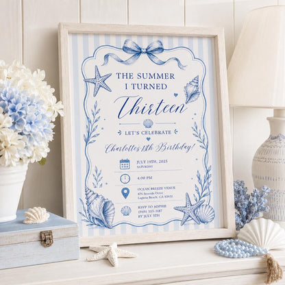 Editable Coastal Birthday Invitation Canva Template, Blue Girls Teens Beach Cute Fun DIY Chic Kids Party Invite, Printable Digital Download.