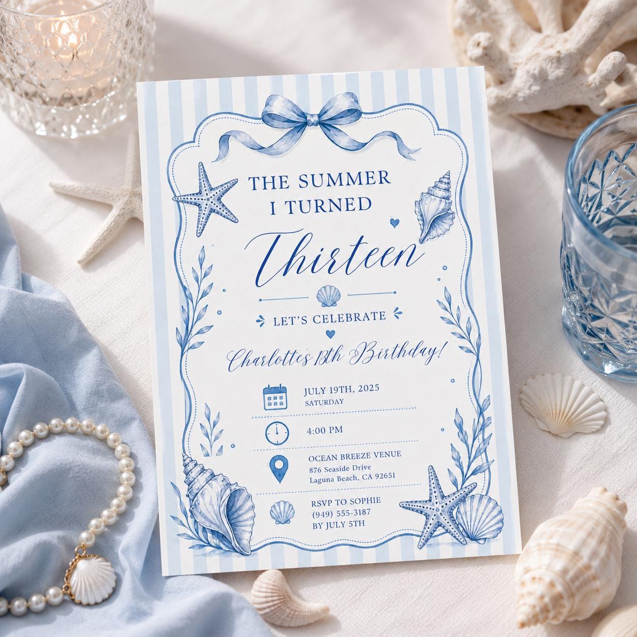 Editable Coastal Birthday Invitation Canva Template, Blue Girls Teens Beach Cute Fun DIY Chic Kids Party Invite, Printable Digital Download.