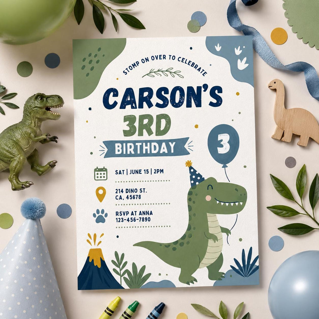 Editable Dinosaur Birthday Invitation Canva Template, Boys Kids Dino Cute Modern Fun DIY Chic Teen Party Invite, Printable Digital Download.