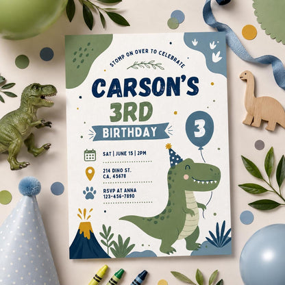 Editable Dinosaur Birthday Invitation Canva Template, Boys Kids Dino Cute Modern Fun DIY Chic Teen Party Invite, Printable Digital Download.