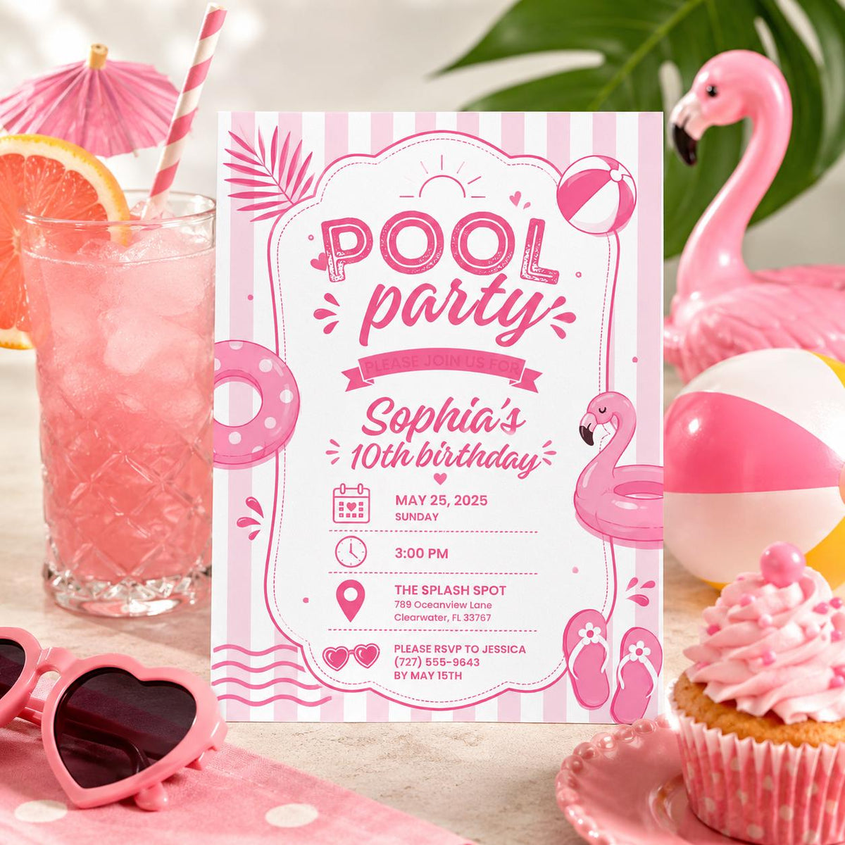Editable Pool Birthday Invitation Canva Template, Girls Teens Pool Cute Modern Fun Themed DIY Chic Party Invite, Printable Digital Download.