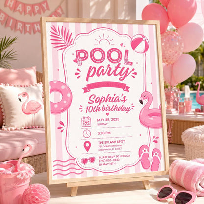 Editable Pool Birthday Invitation Canva Template, Girls Teens Pool Cute Modern Fun Themed DIY Chic Party Invite, Printable Digital Download.