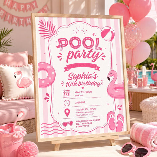 Editable Pool Birthday Invitation Canva Template, Girls Teens Pool Cute Modern Fun Themed DIY Chic Party Invite, Printable Digital Download.