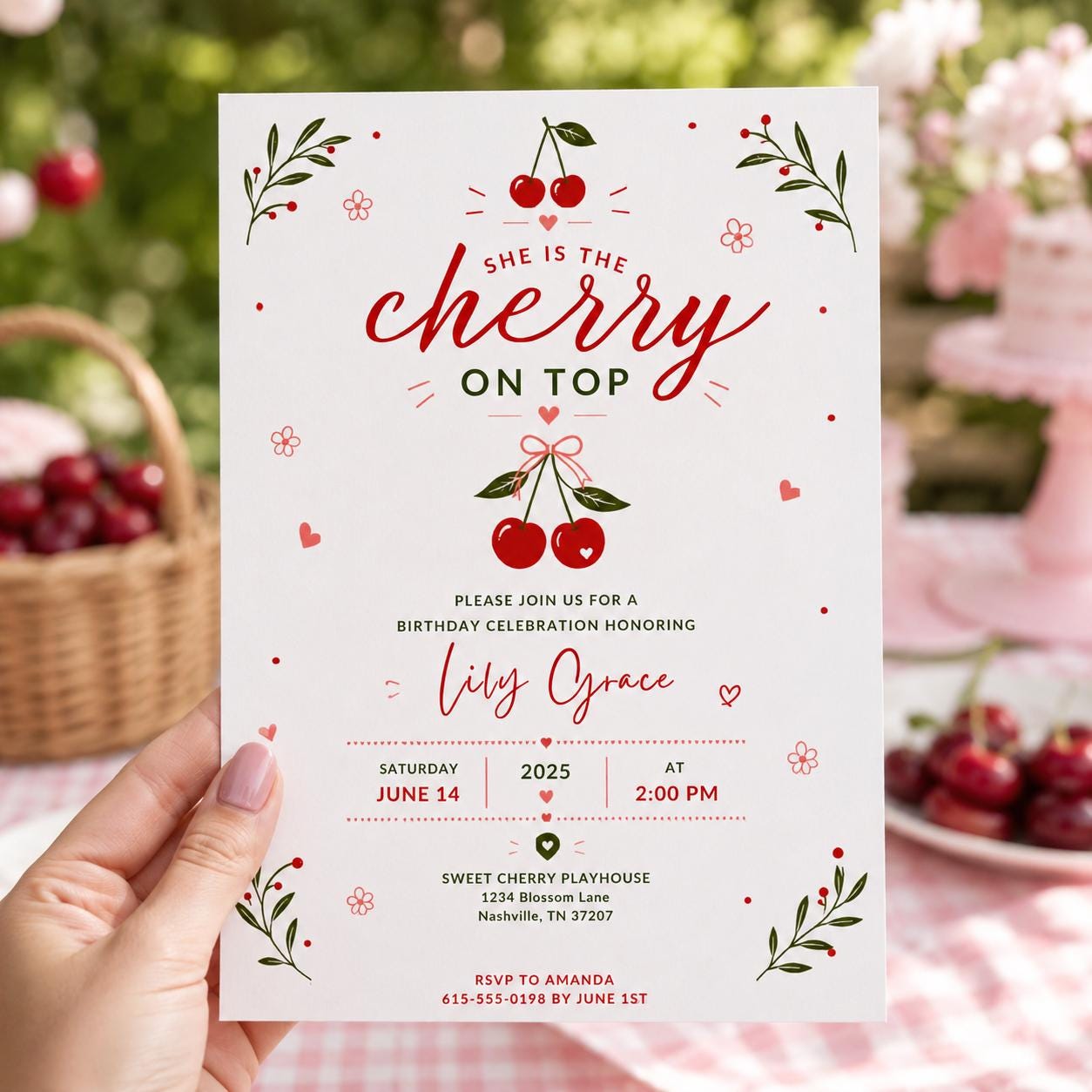 Editable Cherry Baby Shower Invitation Canva Template, Pink Cute Floral Minimal Girls Kids Fun DIY Party Invite, Printable Digital Download.