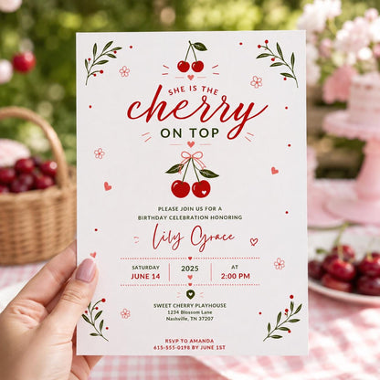 Editable Cherry Baby Shower Invitation Canva Template, Pink Cute Floral Minimal Girls Kids Fun DIY Party Invite, Printable Digital Download.