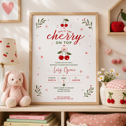 Editable Cherry Baby Shower Invitation Canva Template, Pink Cute Floral Minimal Girls Kids Fun DIY Party Invite, Printable Digital Download.