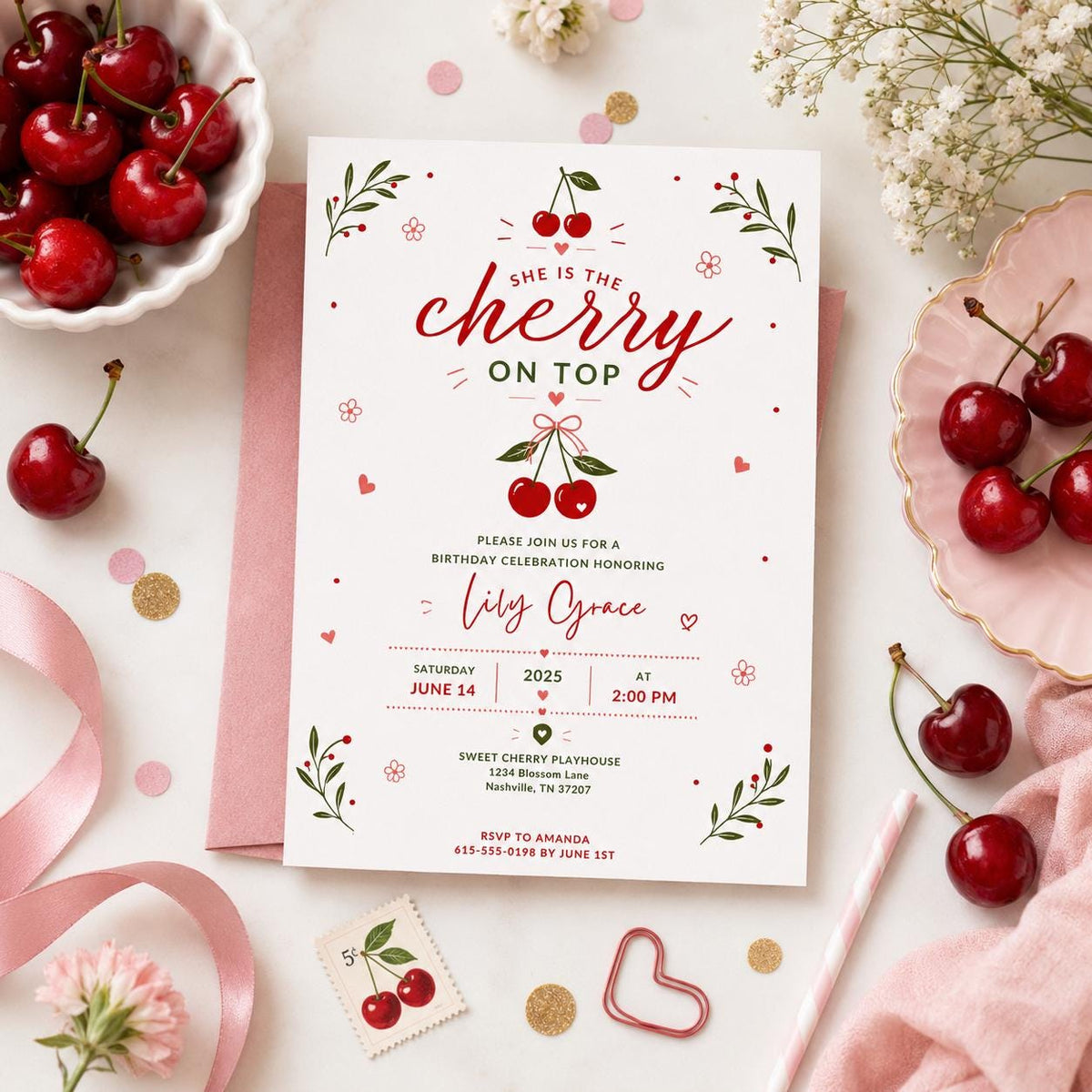 Editable Cherry Baby Shower Invitation Canva Template, Pink Cute Floral Minimal Girls Kids Fun DIY Party Invite, Printable Digital Download.