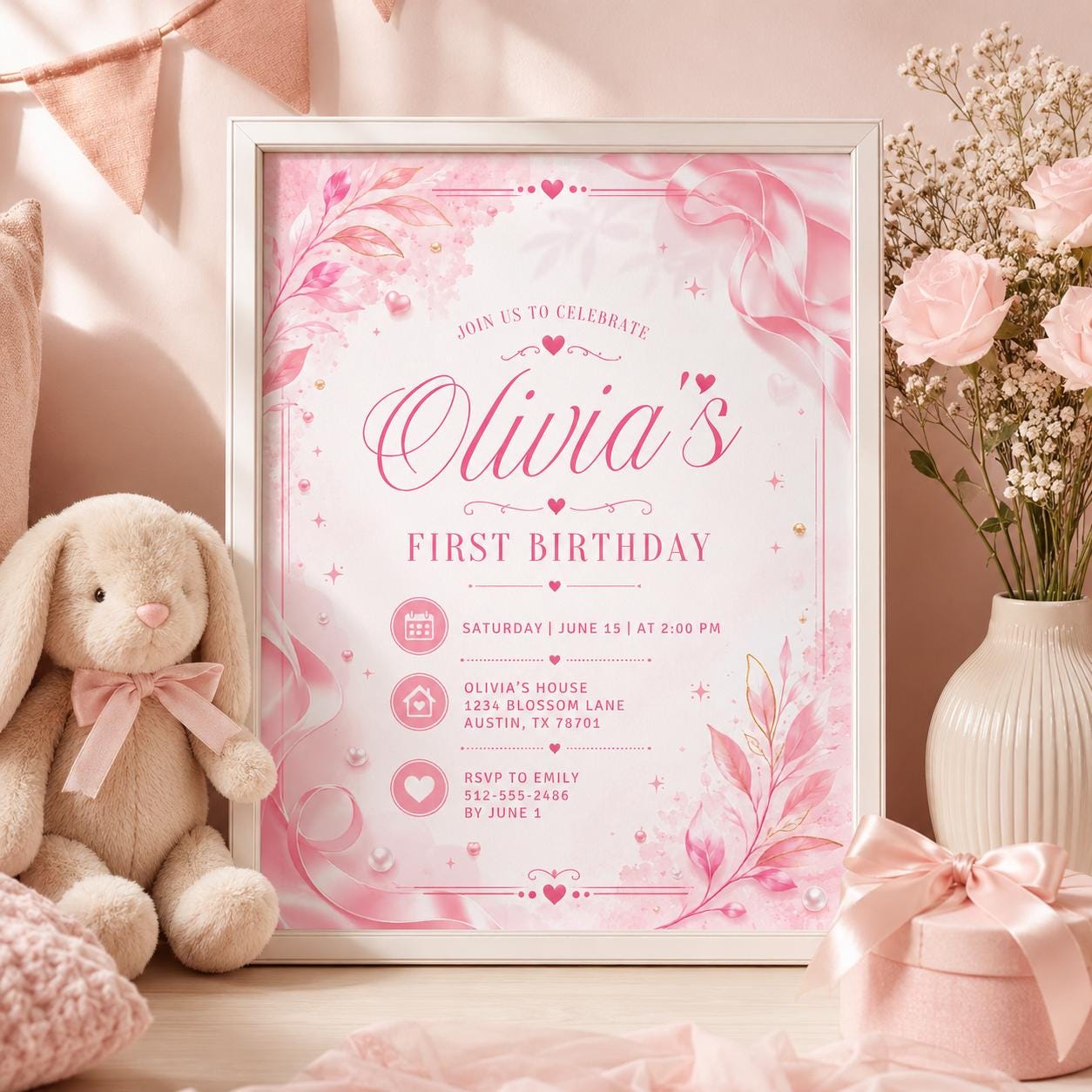 Editable Pink and Red Heart Birthday Invitation Canva Template, Retro Girls Cute Fun DIY Chic Kids Party Invite, Printable Digital Download.