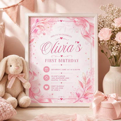 Editable Pink and Red Heart Birthday Invitation Canva Template, Retro Girls Cute Fun DIY Chic Kids Party Invite, Printable Digital Download.