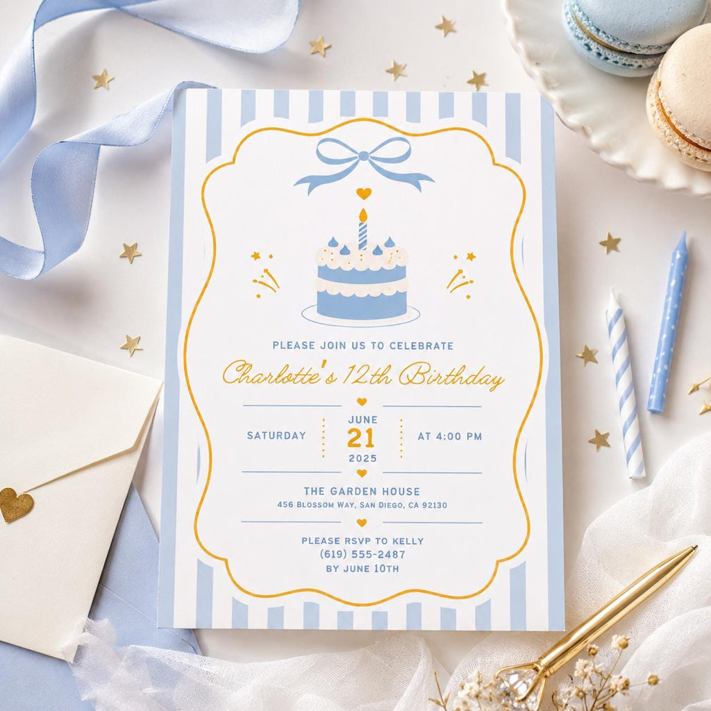 Editable Cake Birthday Invitation Canva Template, Pink Red Retro Girls Cake Cute Fun DIY Chic Kids Party Invite, Printable Digital Download.